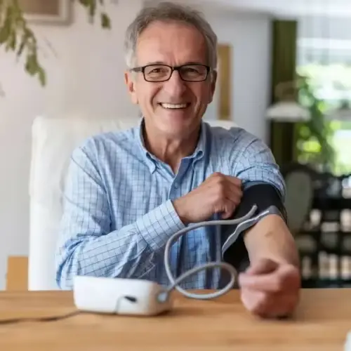 Man smiling after using his home blood pressure monitor