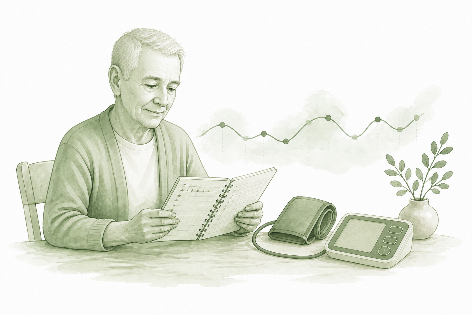Soft monochrome illustration of a man reviewing his readings beside the Vitaltrack monitor