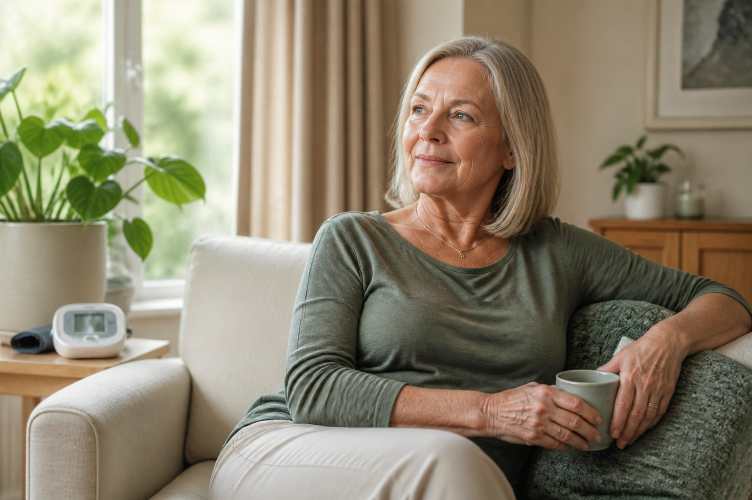Vitaltrack customer relaxing at home beside her monitor